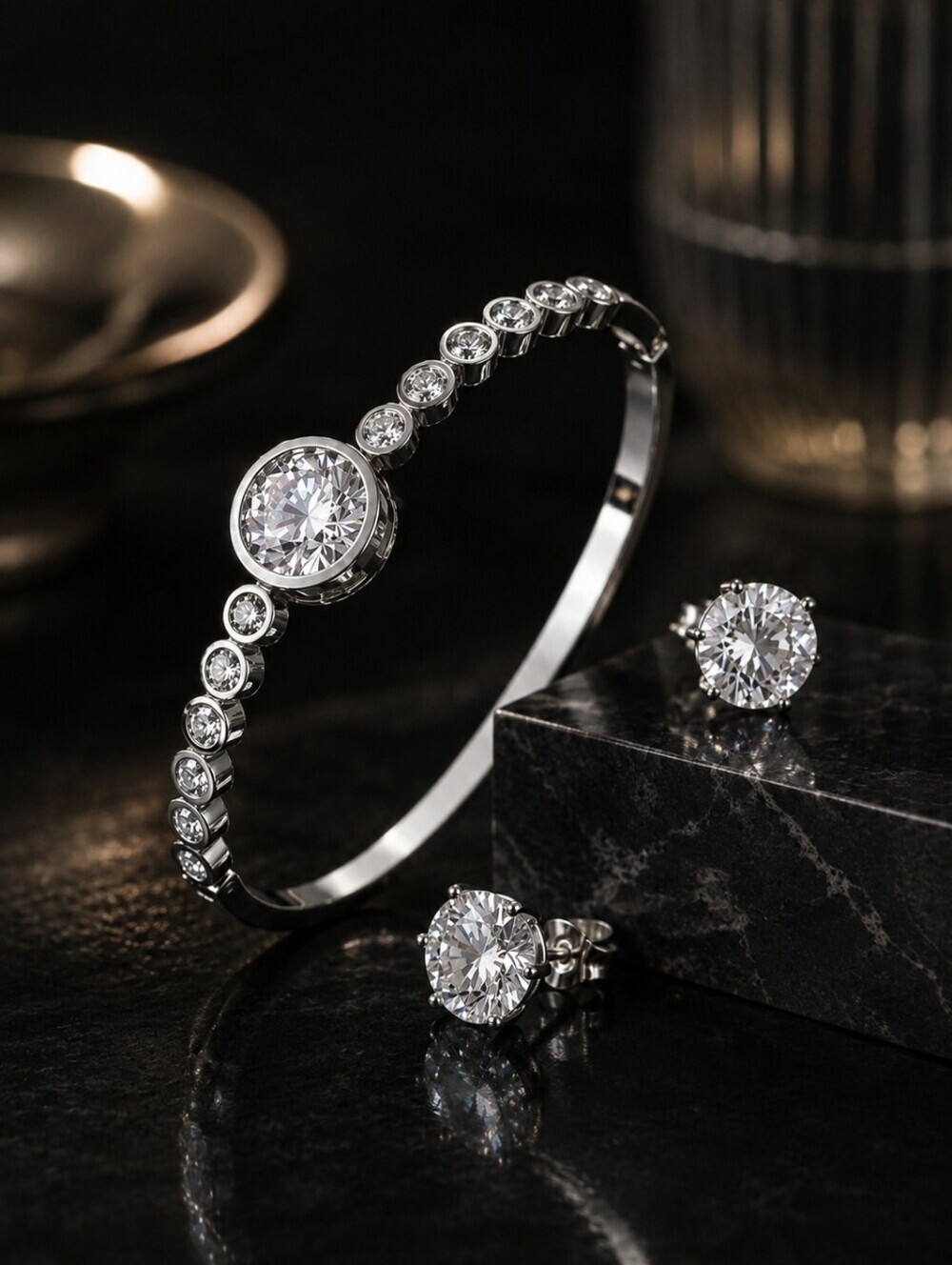 White Gold Plated CZ Tennis Bangle and Stud Earrings Set Bridal Wedding 2.2"